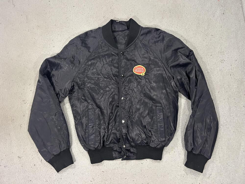 Vintage Carta Blanca Beer Jacket Mens 40 Black Nylon Bomber Snap Lined Patch